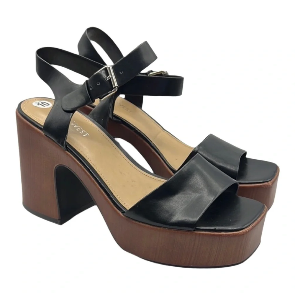 Nine West Sz 10 Openit 9 Black and Brown Platform Sandals NEW